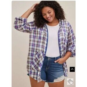 Torrid Long Line Zip-Up Voile Plaid Hooded Jacket Size 2 Pink  Blue